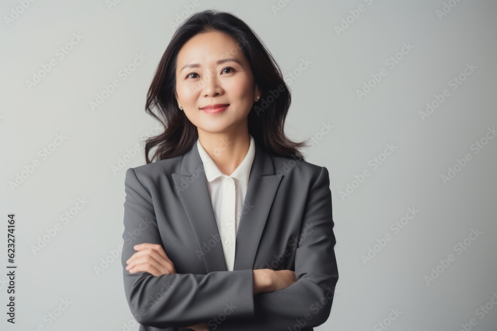 Confident Asian businesswoman standing with arms crossed over gray background. Confident Asian businesswoman standing with arms crossed over gray background.
