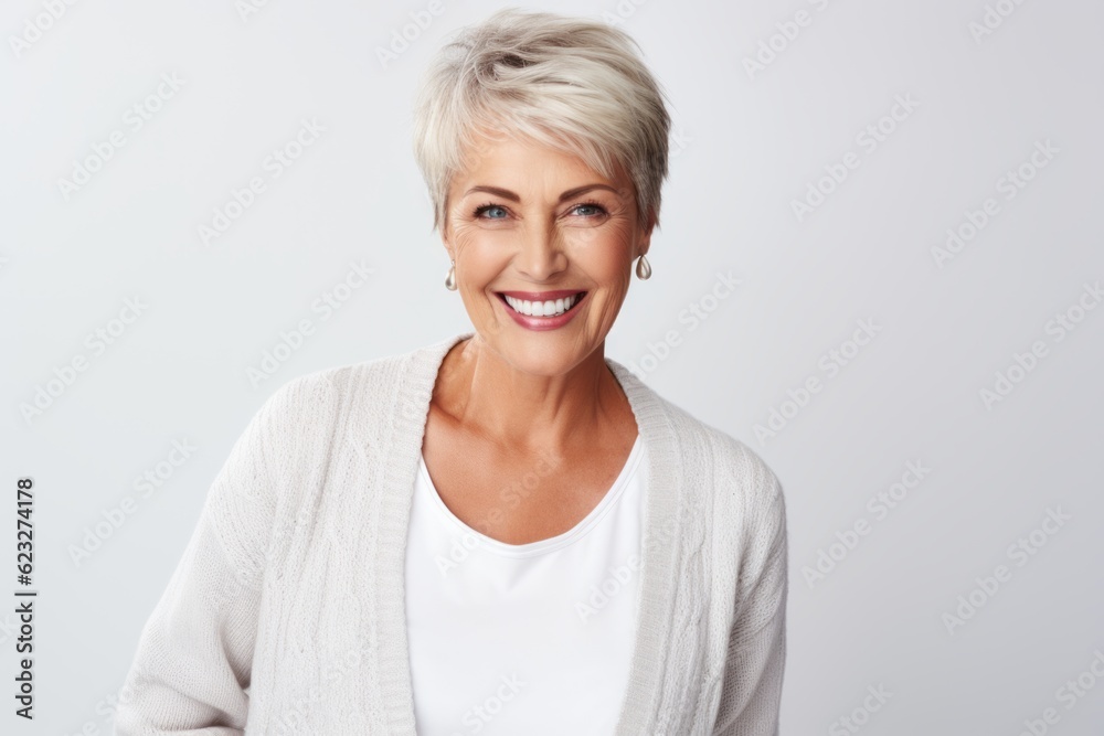 Portrait of beautiful middle-aged woman with short gray hair, wearing white sweater, looking at camera and smiling. Portrait of beautiful middle-aged woman with short gray hair, wearing white sweater, looking at camera and smiling.