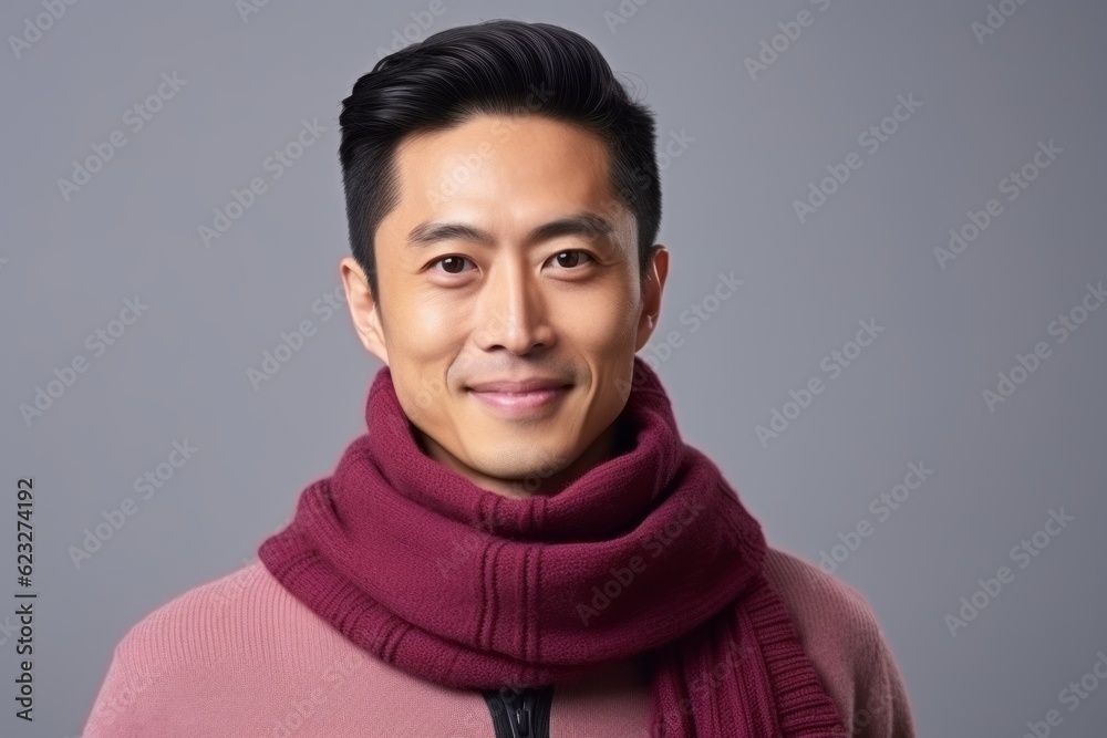 Portrait of a handsome asian man wearing a scarf and sweater