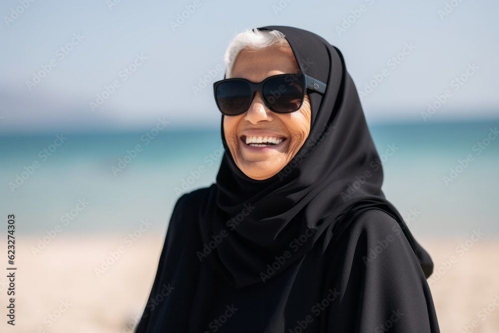 Portrait of happy senior muslim woman wearing sunglasses on the beach Portrait of happy senior muslim woman wearing sunglasses on the beach