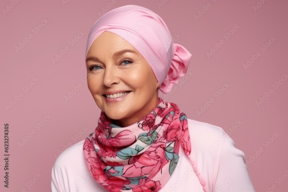 Portrait of smiling middle aged woman in pink scarf and headscarf Portrait of smiling middle aged woman in pink scarf and headscarf