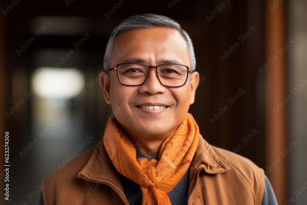 Portrait of a happy asian man wearing glasses and orange scarf Portrait of a happy asian man wearing glasses and orange scarf