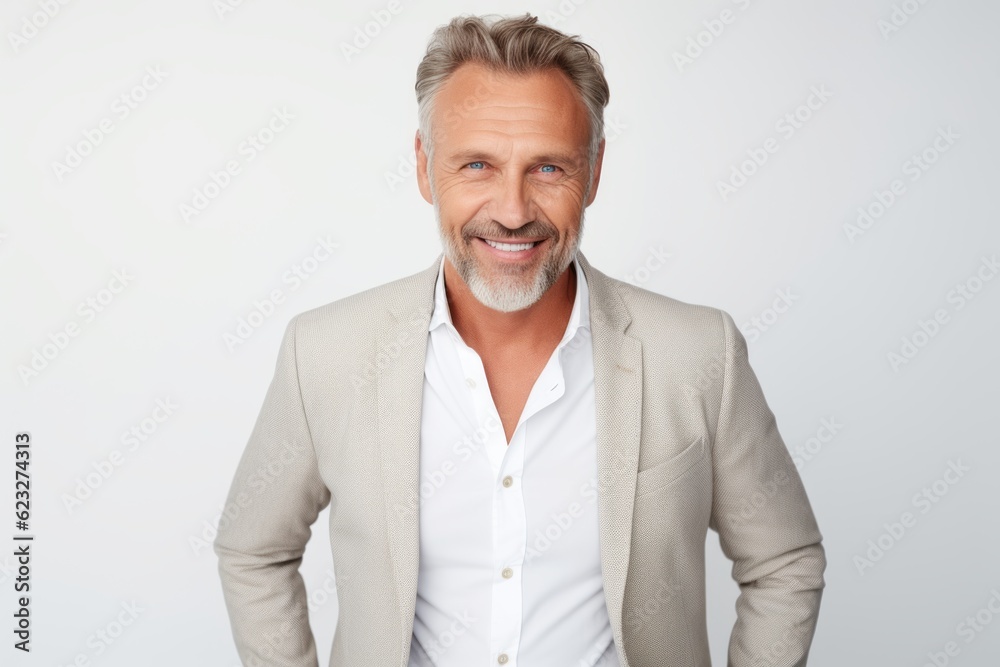 Portrait of handsome mature man looking at camera and smiling while standing against white background Portrait of handsome mature man looking at camera and smiling while standing against white background