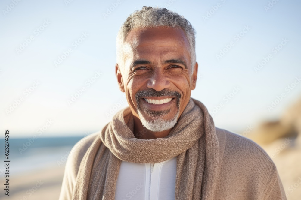 Portrait of smiling mature man with scarf on the beach on a sunny day Portrait of smiling mature man with scarf on the beach on a sunny day