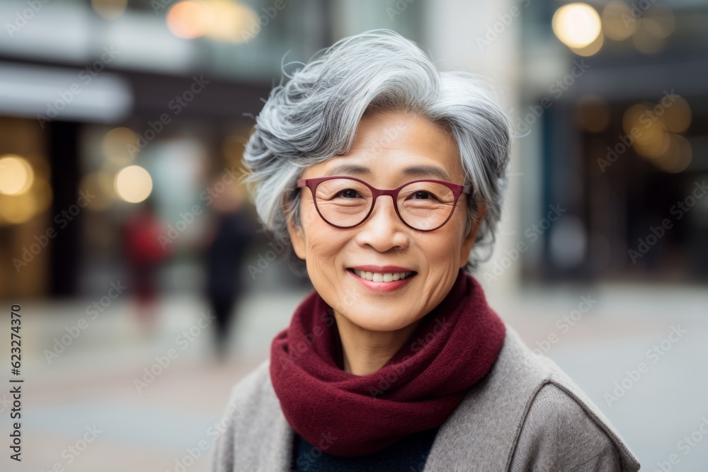 Portrait of senior Asian woman wearing eyeglasses in the city Portrait of senior Asian woman wearing eyeglasses in the city