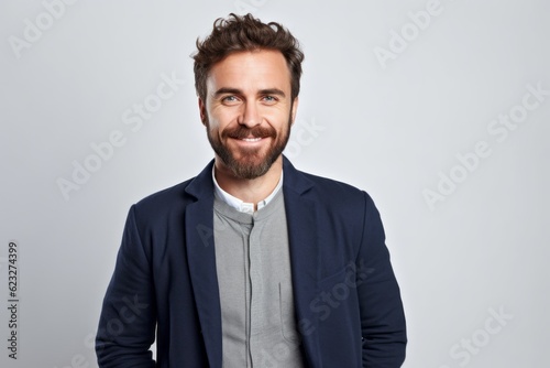 Portrait of a handsome man smiling and looking at camera over gray background