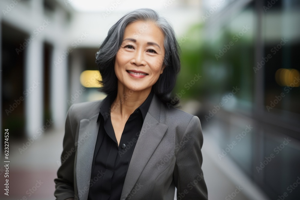 Portrait of a smiling senior businesswoman in urban setting with office building in the background Portrait of a smiling senior businesswoman in urban setting with office building in the background