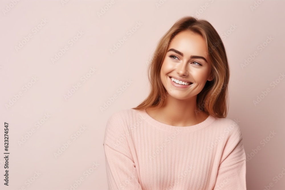 Portrait of a beautiful young woman smiling at camera on a pink background Portrait of a beautiful young woman smiling at camera on a pink background