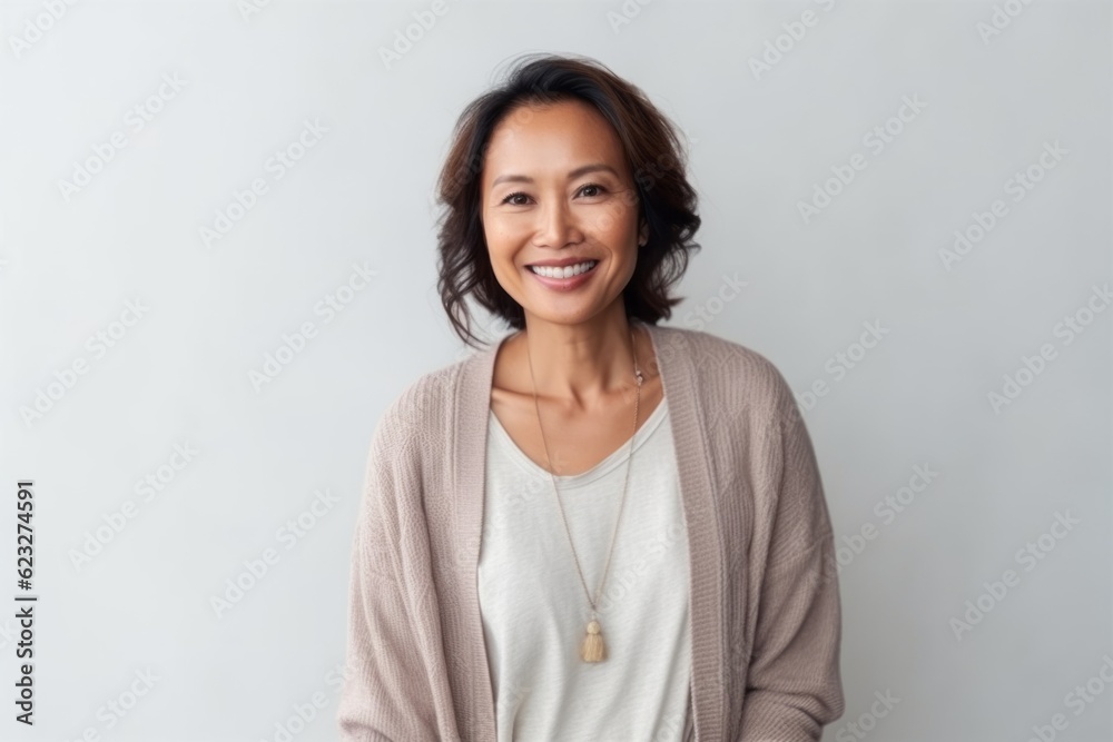 Portrait of a smiling middle-aged Asian woman standing against grey background Portrait of a smiling middle-aged Asian woman standing against grey background