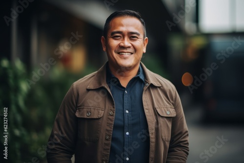 Portrait of handsome Asian man smiling and looking at the camera.