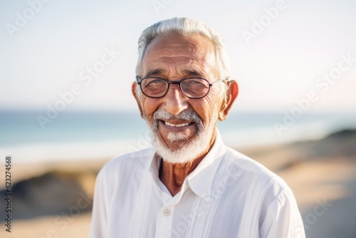 Portrait of smiling senior man with eyeglasses on the beach