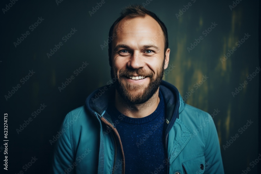 Portrait of a handsome bearded man in a blue jacket. Men's beauty, fashion.