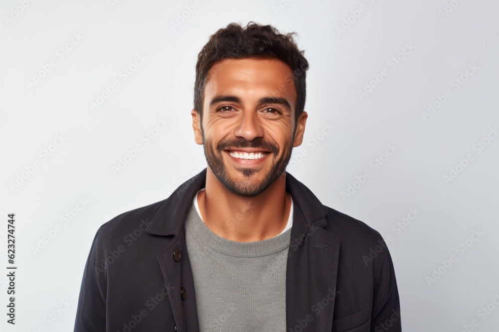 Portrait of a handsome young man smiling and looking at camera over white background Portrait of a handsome young man smiling and looking at camera over white background