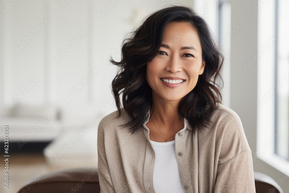 Portrait of smiling asian woman looking at camera in living room Portrait of smiling asian woman looking at camera in living room