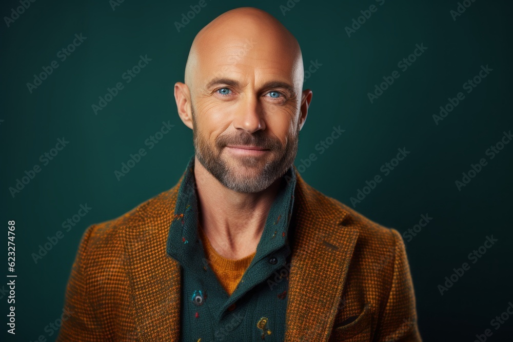 Obraz premium Portrait of a bald man with a beard in a jacket.