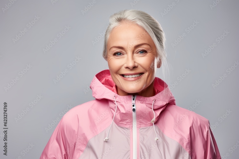 smiling senior woman in pink raincoat looking at camera isolated on grey smiling senior woman in pink raincoat looking at camera isolated on grey