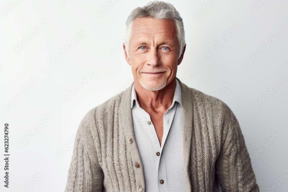 Portrait of a smiling senior man looking at camera while standing against white background Portrait of a smiling senior man looking at camera while standing against white background