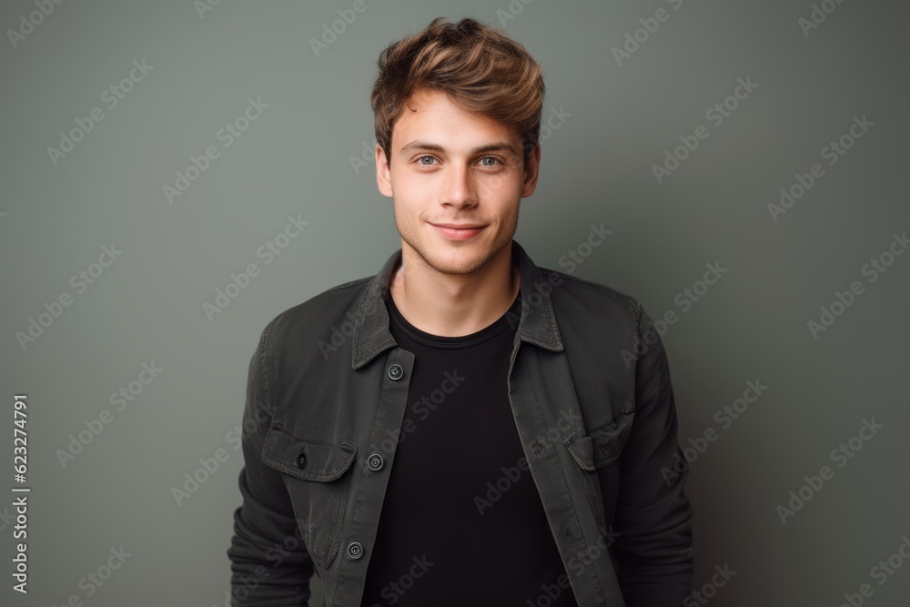 Portrait of a handsome young man in a black shirt on a gray background