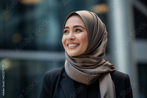 portrait of young muslim businesswoman smiling at camera in city