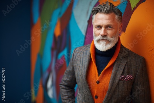 Portrait of a handsome senior man with gray beard and mustache in an orange jacket and orange turtleneck posing against a colorful graffiti wall © Eber Braun