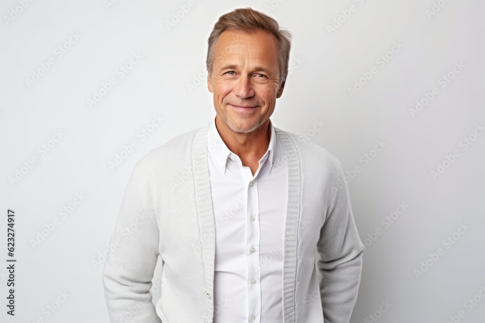 Portrait of handsome mature man in casual clothes smiling at camera while standing against white background Portrait of handsome mature man in casual clothes smiling at camera while standing against white background