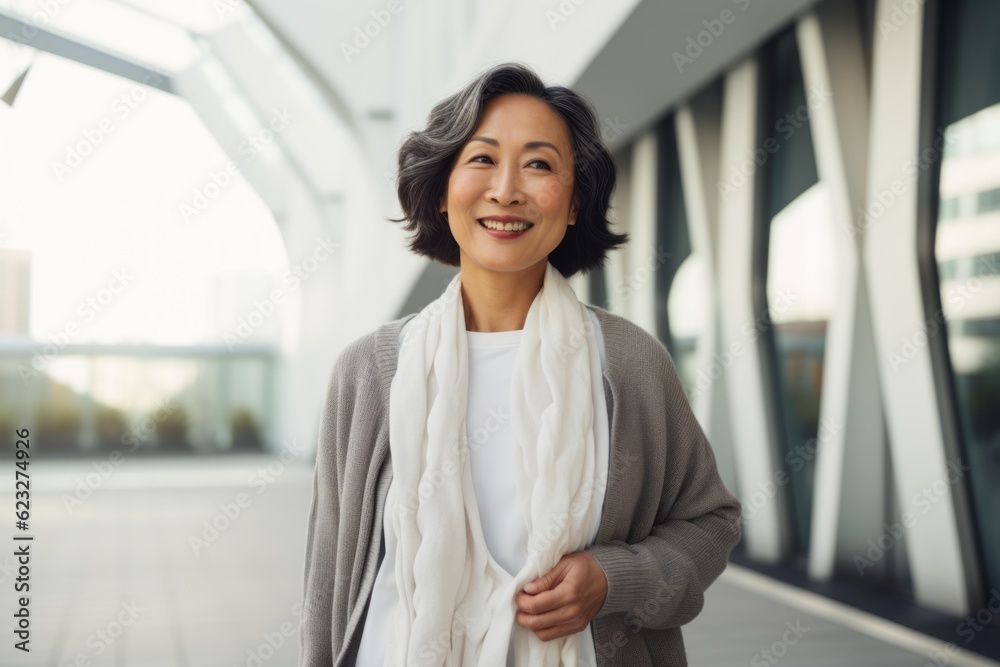Portrait of a smiling asian businesswoman standing outside office building