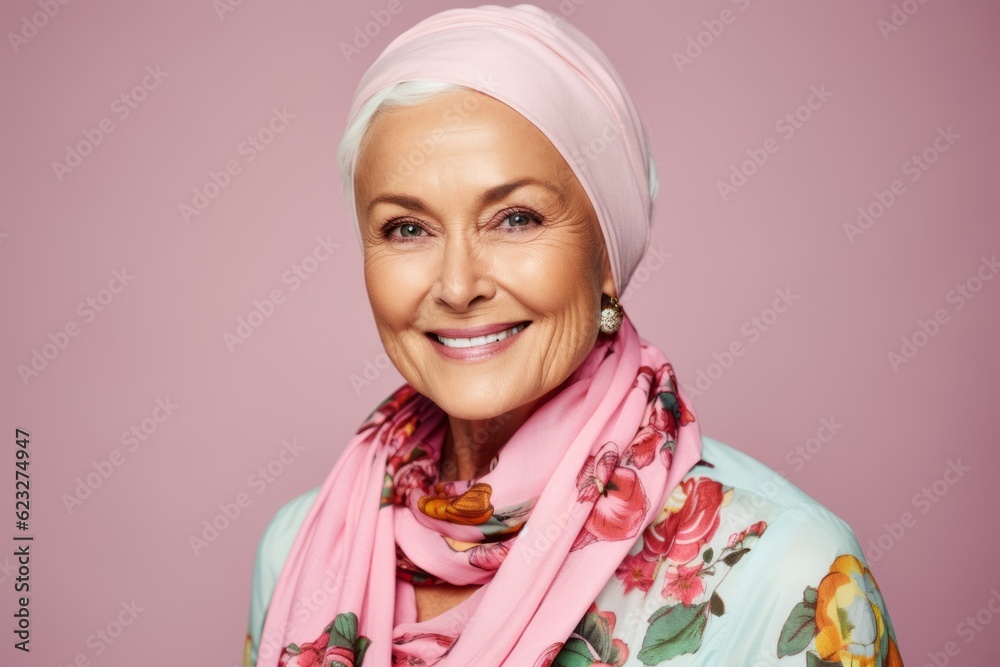 Portrait of smiling senior woman in headscarf over pink background Portrait of smiling senior woman in headscarf over pink background