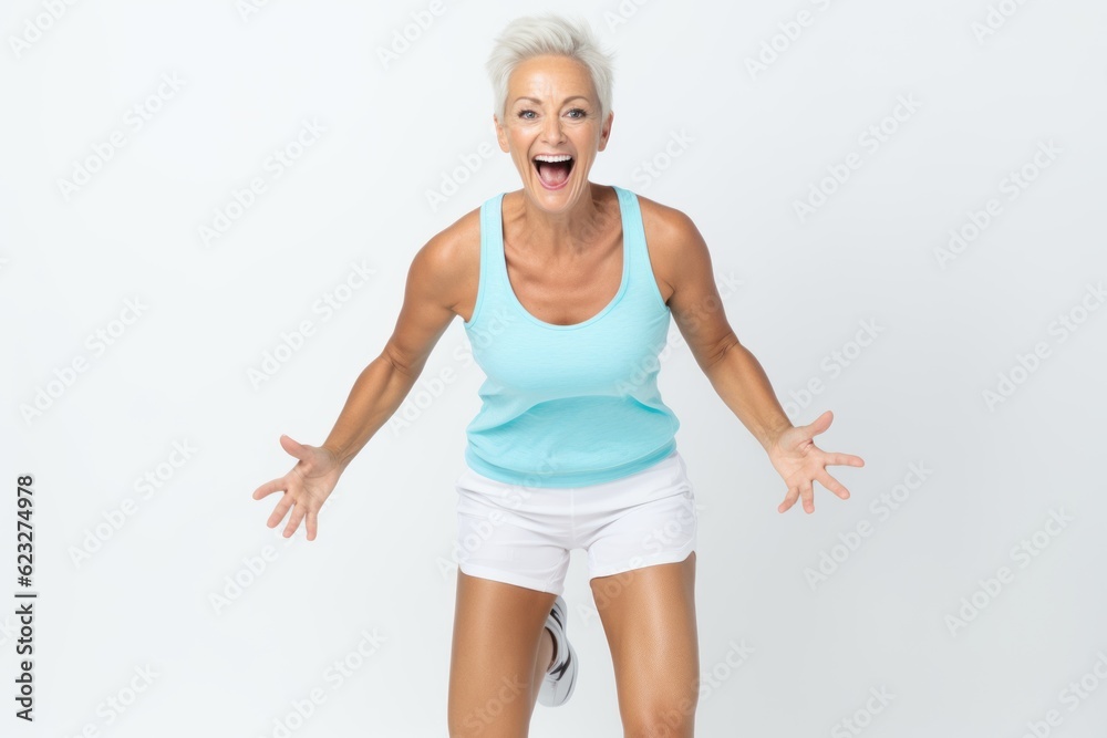 Portrait of happy fit senior woman in fitness clothing on white background