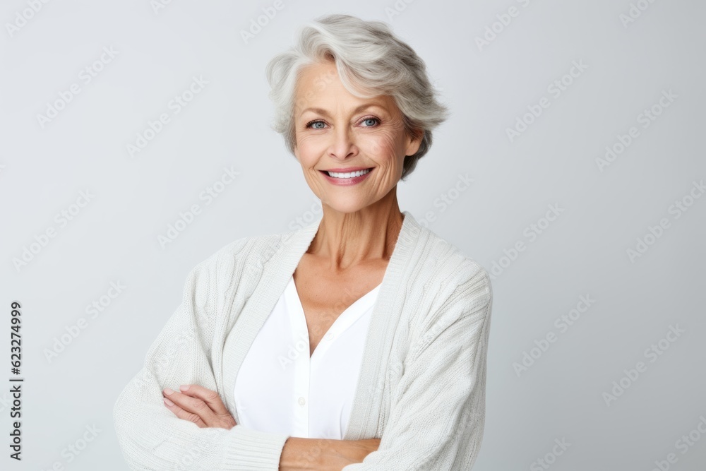 Portrait of happy senior woman with arms crossed standing against white background Portrait of happy senior woman with arms crossed standing against white background
