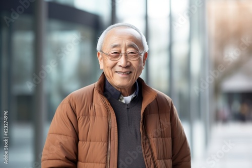 senior asian man in winter jacket smiling at camera in city