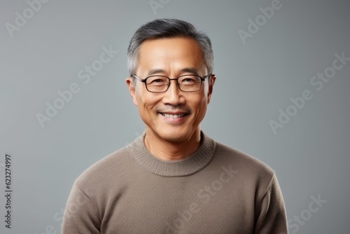 asian senior man in eyeglasses smiling at camera over grey background © Anne Schaum