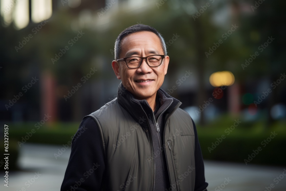 Obraz premium Portrait of a smiling asian senior man standing outdoors in the city