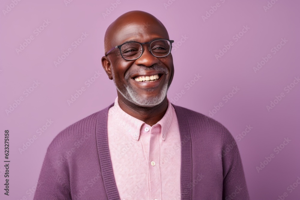 Portrait of smiling african american man in glasses on purple background