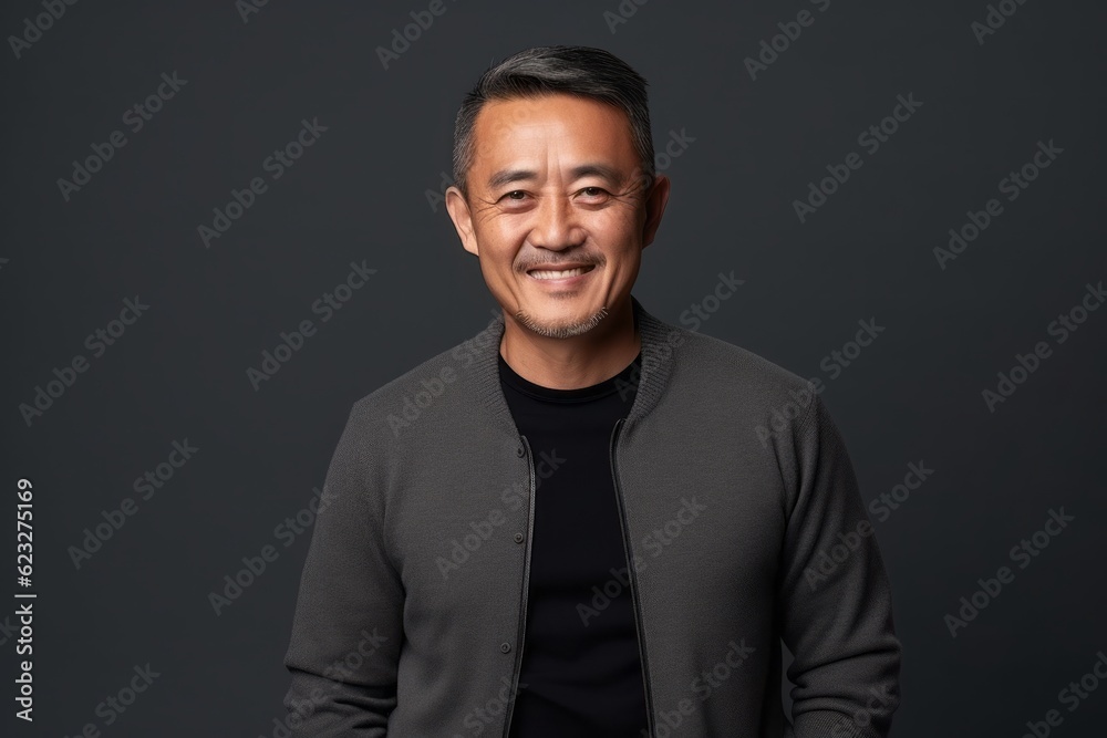 Portrait of smiling mature asian man in black sweater on grey background Portrait of smiling mature asian man in black sweater on grey background
