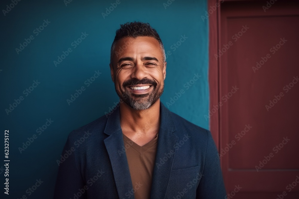 Portrait of a happy mature man laughing while standing against blue background