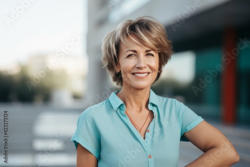 Portrait of smiling mature businesswoman standing outdoors. Businesswoman looking at camera.
