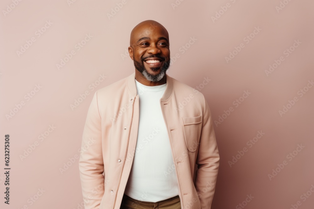 Obraz premium smiling african american man in beige jacket on pink background