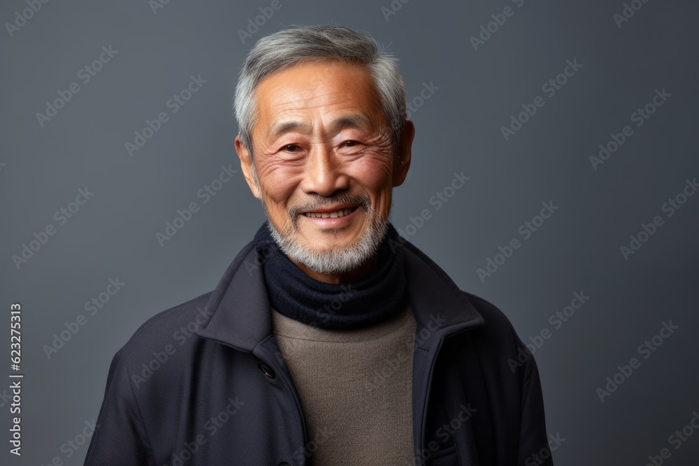 Portrait of happy senior asian man wearing coat on grey background