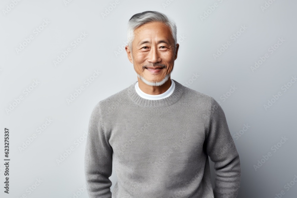 Portrait of a smiling senior asian man looking at camera on grey background Portrait of a smiling senior asian man looking at camera on grey background