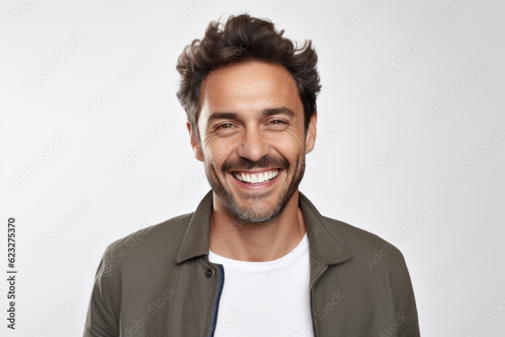 Portrait of handsome young man smiling and looking at camera over white background Portrait of handsome young man smiling and looking at camera over white background