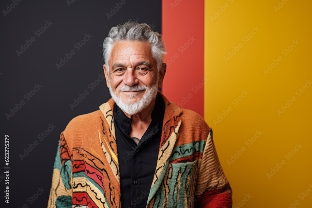 Portrait of a senior man with grey hair wearing a colorful shawl