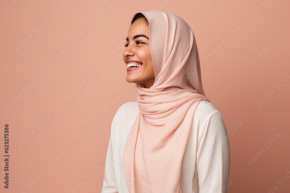Portrait of a beautiful young asian muslim woman wearing hijab smiling.