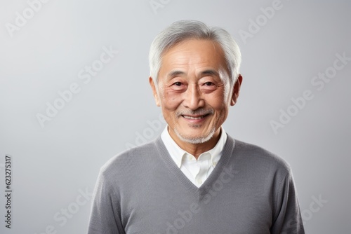 Portrait of a happy senior asian man smiling on grey background