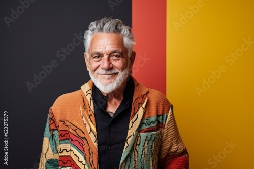 Portrait of a senior man with grey hair wearing a colorful shawl