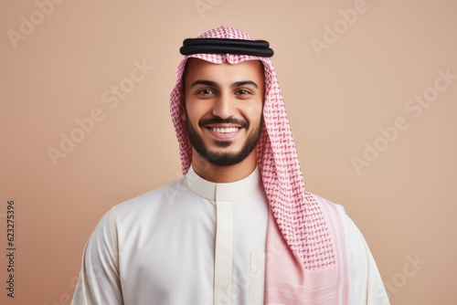Portrait of a smiling arabian man isolated over beige background