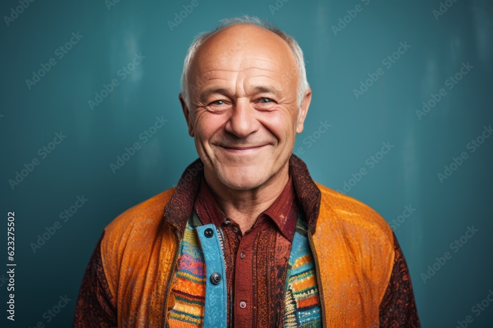 Portrait of a smiling senior man in a colorful shirt and a scarf Portrait of a smiling senior man in a colorful shirt and a scarf