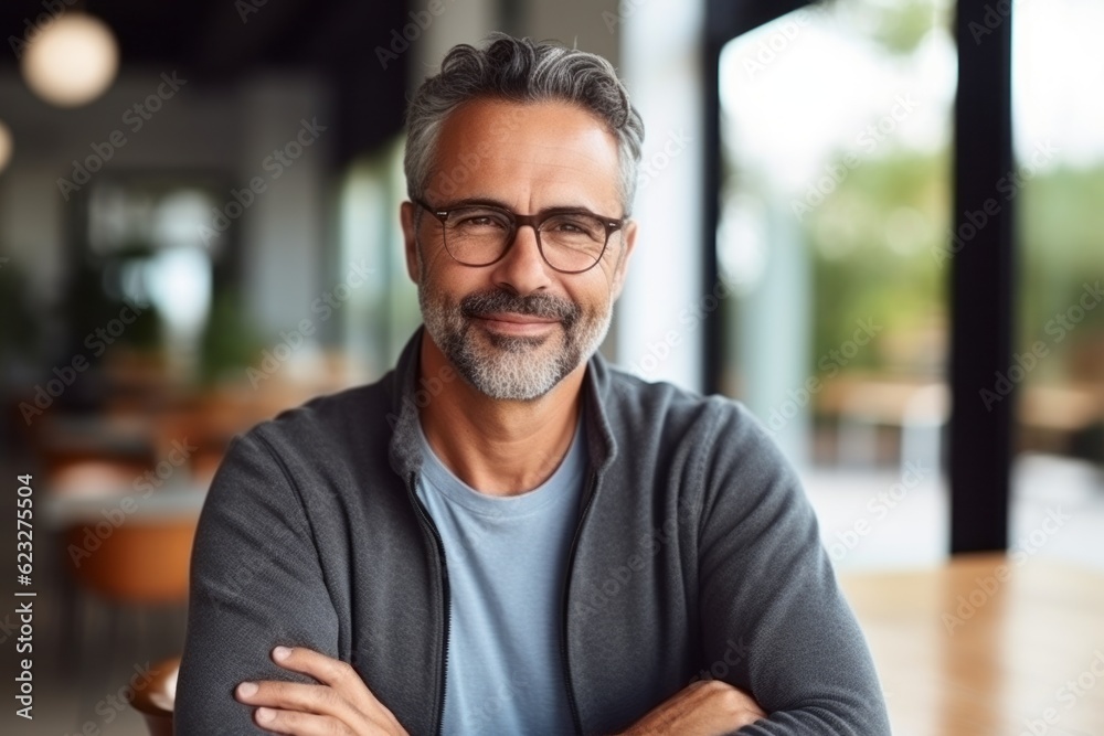Portrait of a handsome mature man in eyeglasses standing with arms crossed in cafe