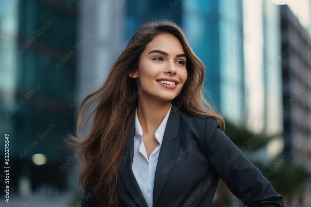 Portrait of a beautiful young business woman on the background of skyscrapers
