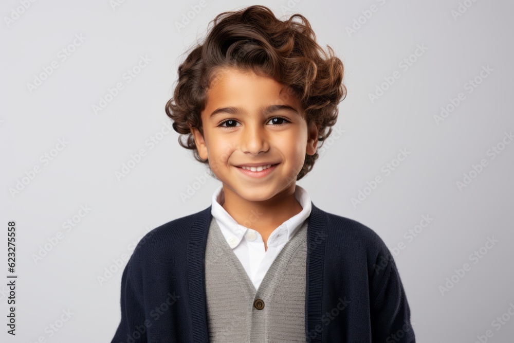 smiling little boy with curly hair and blue sweater over grey background smiling little boy with curly hair and blue sweater over grey background