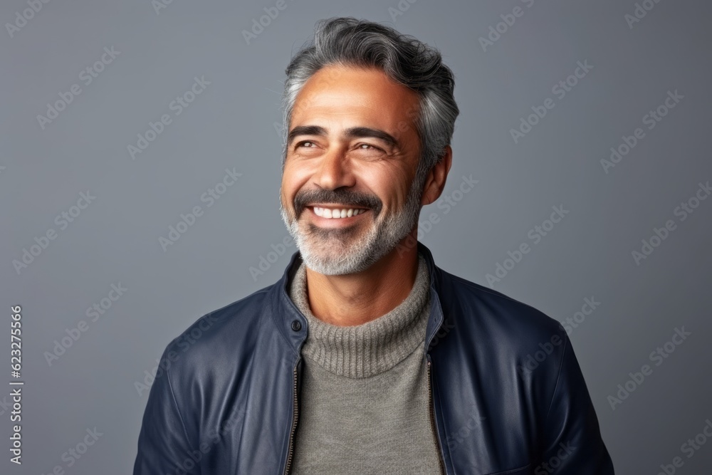 Portrait of a handsome middle-aged Indian man smiling against grey background